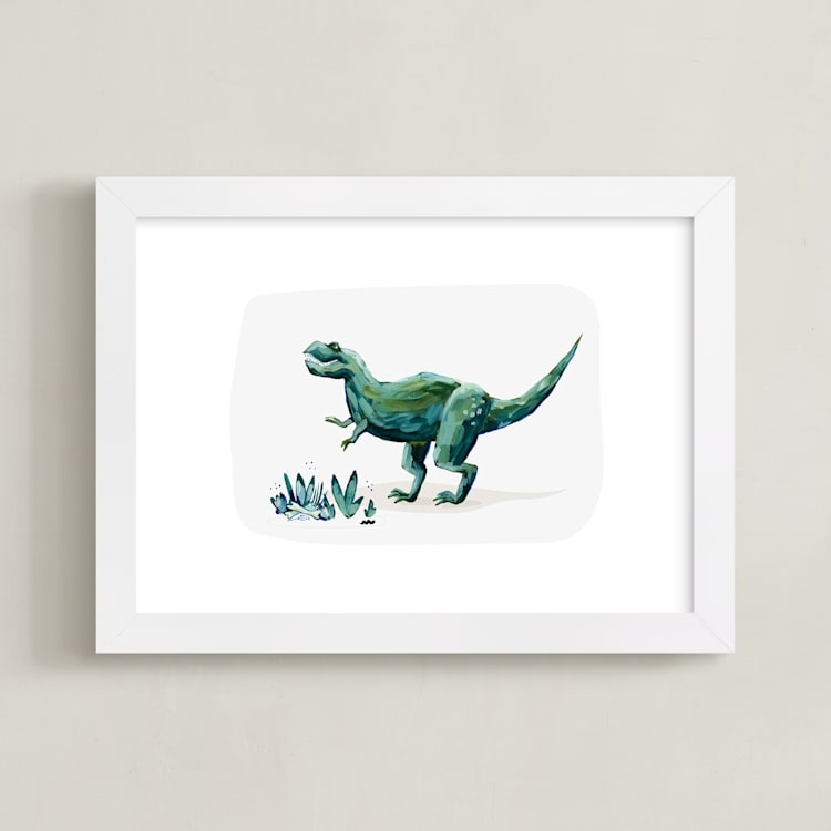 "Terrific T-Rex" - Art Print in Leaf by Kayla King - Framed