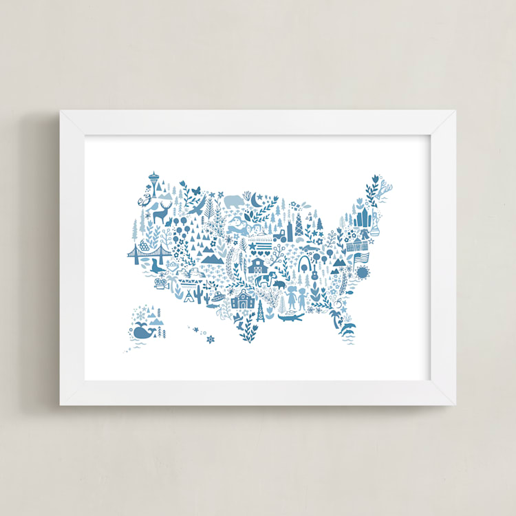 "Little Big United States Map" - Art Print in Blueberry by Jessie Steury - Framed