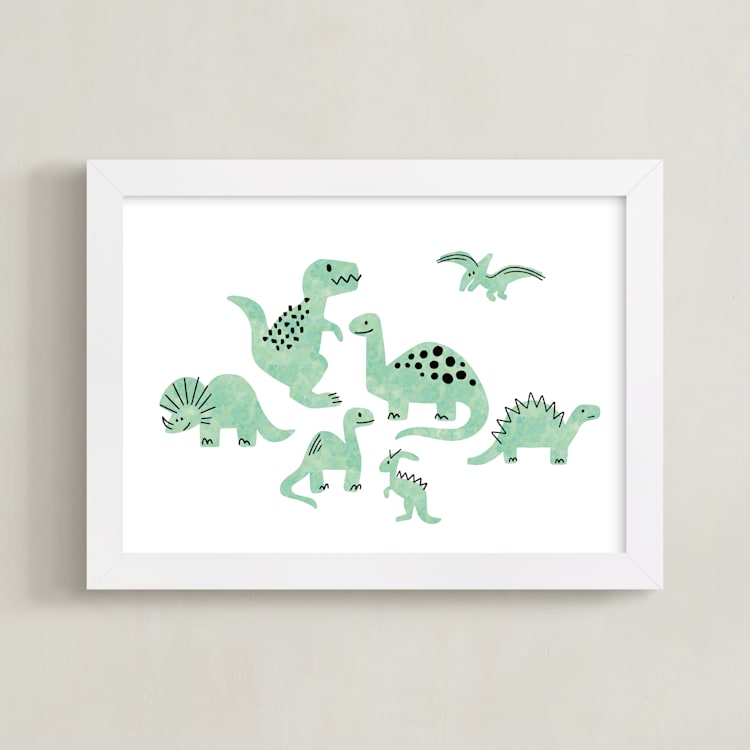 "Darling Dinos" - Art Print in Fern by Jessie Steury - Framed