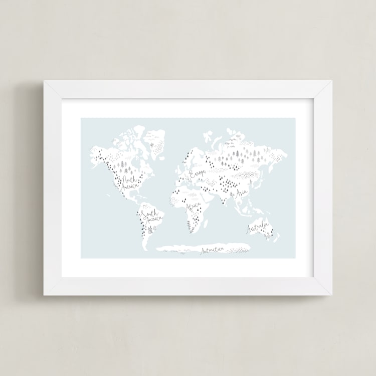 "Beautiful World Map" - Art Print in Soft Sky by Jessie Steury - Framed