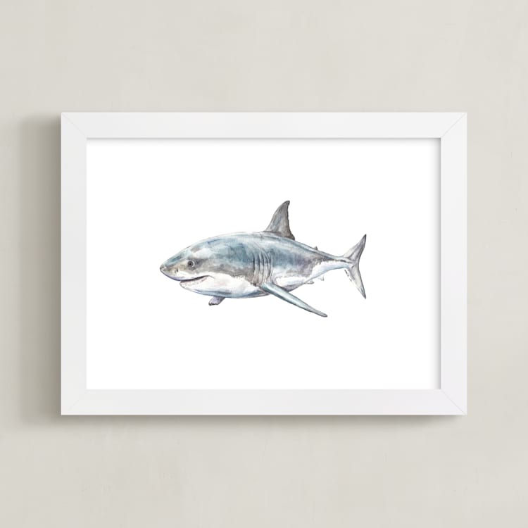 "Shark in Smiling Waters" - Art Print in Shark Gray by Lauren Rogoff - Framed