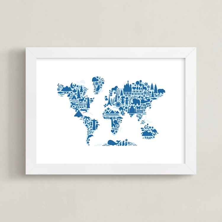 "Little Big World Map" - Art Print in Bluebell by Jessie Steury - Framed
