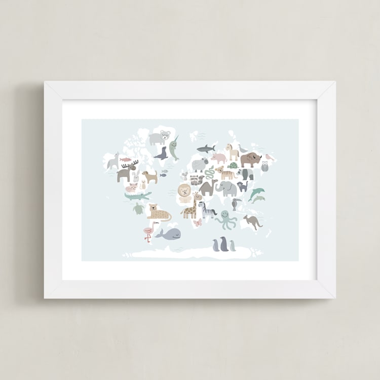 "Wild World Map" - Art Print in Sky by Jessie Steury - Framed