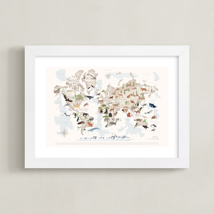 "Animals World Map, 65 Threatened Species" - Art Print in Ivory by Sabrin Deirani - Framed
