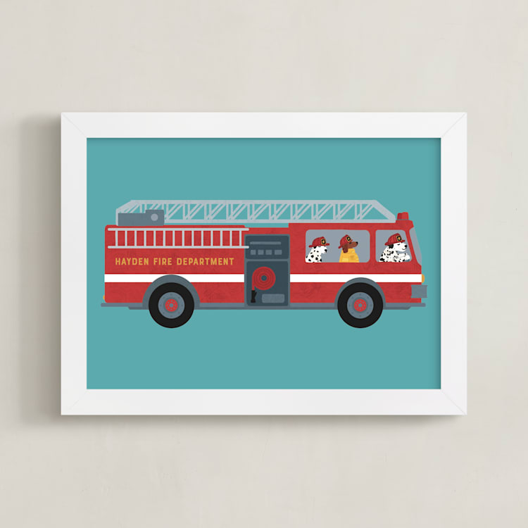 "Firefighter Dogs" - Personalized Art Print in Turquoise blue by Jenna Holcomb - Framed