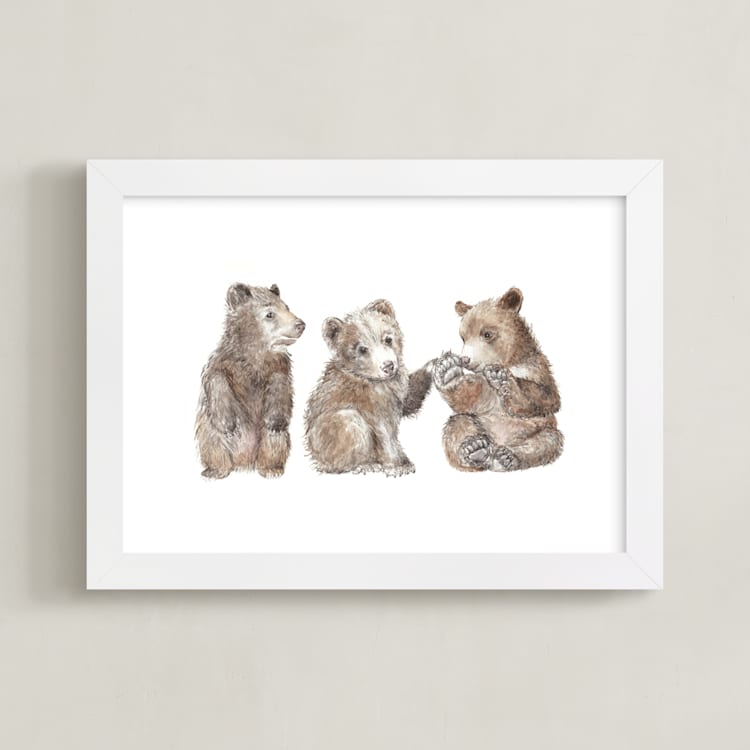 "Three Little Bears" - Art Print in Bear Cub Brown by Lauren Rogoff - Framed