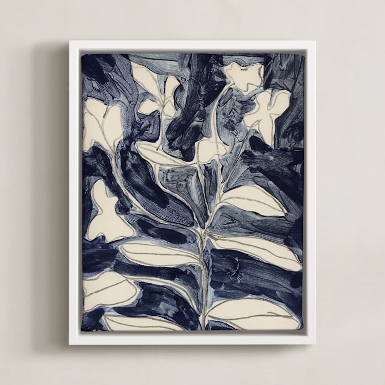 "Petals on Indigo" - Art Print in Indigo Blue by Deborah Velasquez - Framed Canvas