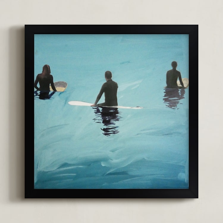 "3 Surfers Waiting, Venice Pier" - Art Print in Pacific Ocean Emerald by Annie Seaton - Framed