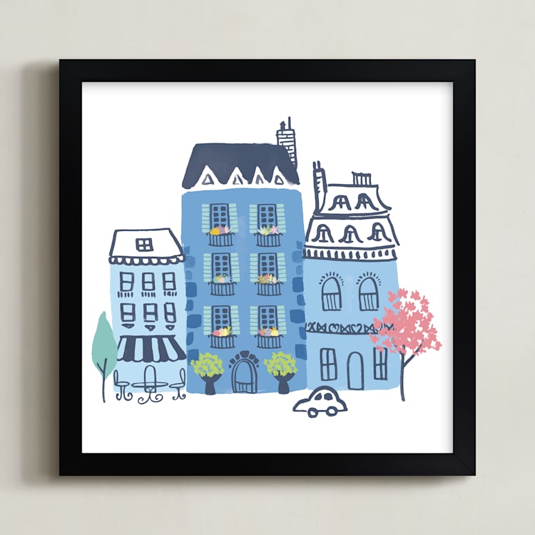 "Paris, J'adore" - Art Print in Parisian Blue by Ali Macdonald - Framed
