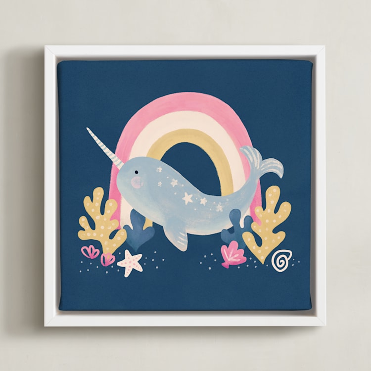 "Narwhal Magic" - Art Print in Deep Sea Blue by Sabrina Excene - Framed Canvas