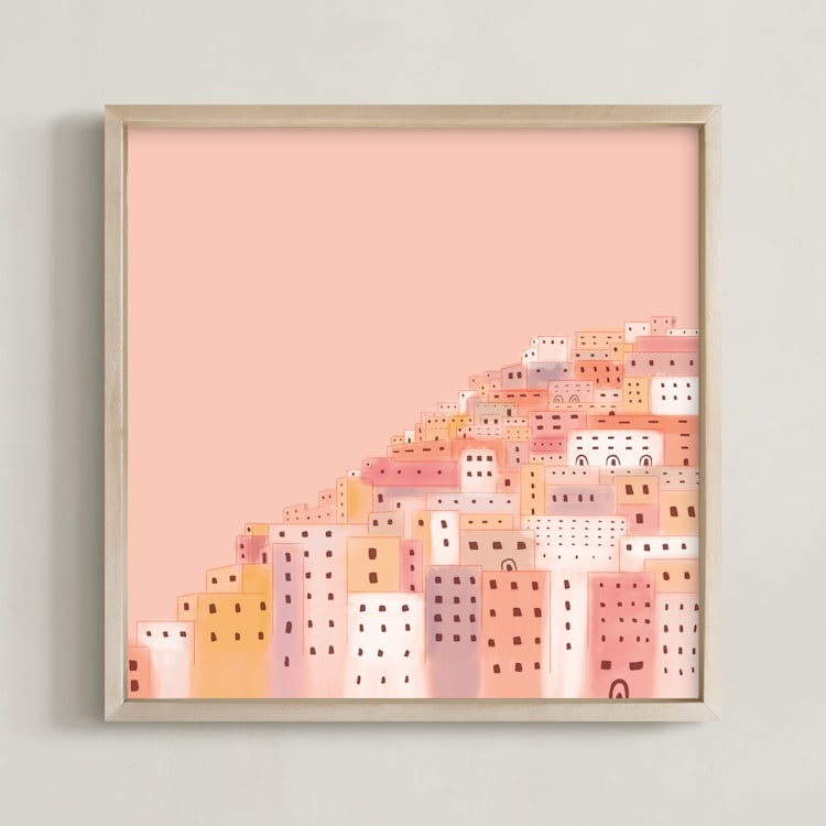 "Positano Houses" - Art Print in Peachy Pink by Laura Mitchell - Framed
