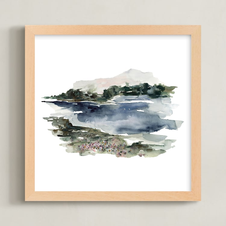 "Mountain View" - Art Print in Navy and Dusty Blue with Forest and Sage Green by Kate Nelson - Framed
