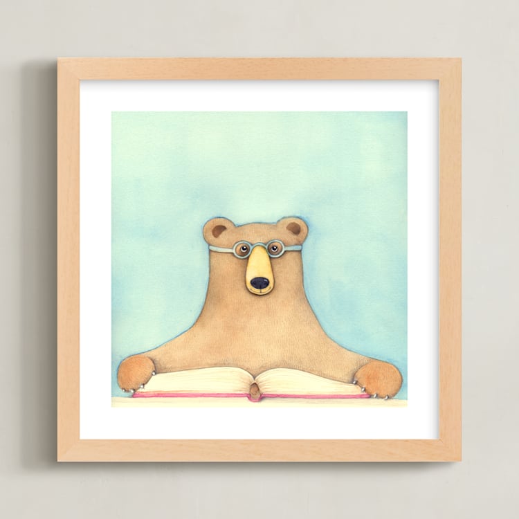 "Bear - let's read" - Art Print in aqua by Someday Designs - Framed