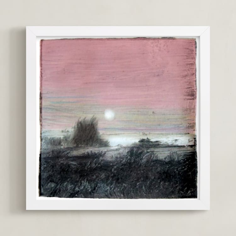 "Moon over Henry's Lake" - Art Print in Sunset Pink by Krista Messer - Framed