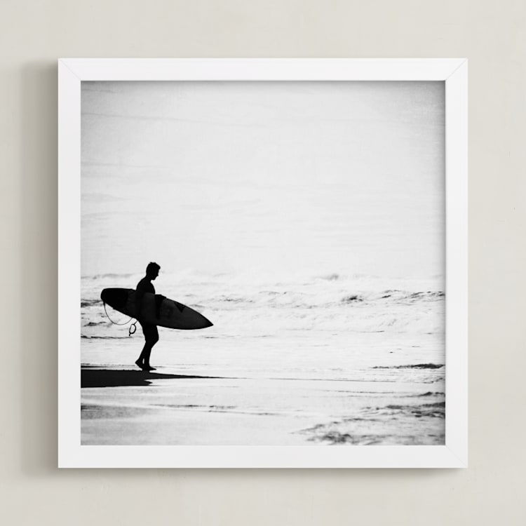 "Just one more wave" - Art Print in grey beach mist by Dawn Smith - Framed