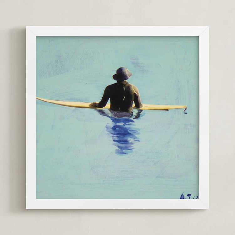 "Topanga Hat Wearing Surfer" - Art Print in cerulean by Annie Seaton - Framed
