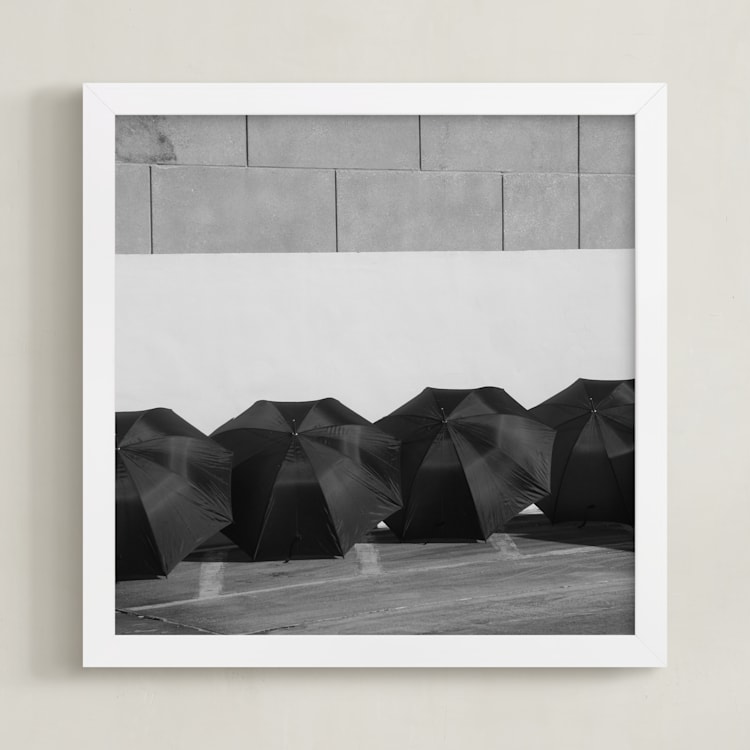 "Four Black Umbrellas" - Art Print in Monochrome by Jonathan Brooks - Framed