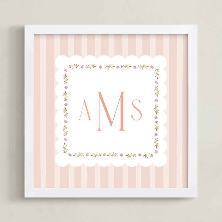 "Meadow Stripes Monogram" - Personalized Art Print in Blush by Ana Sharpe - Framed