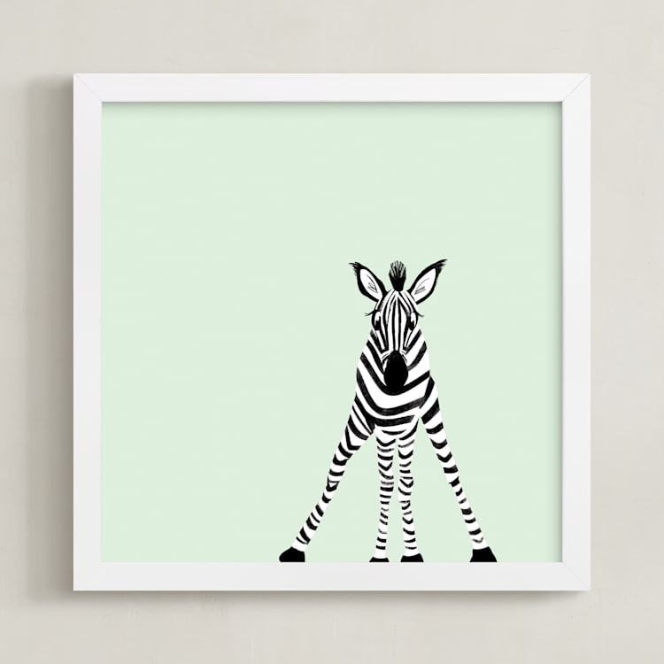 "Little Baby Zebra" - Art Print in Mint Green by Laura Mitchell - Framed