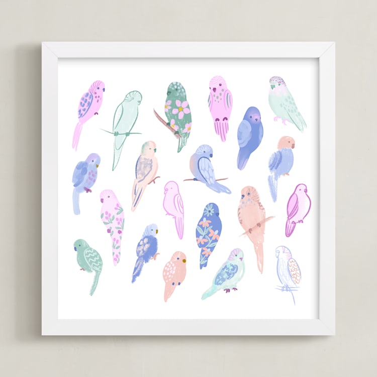 "Budgie Flock" - Art Print in Sherbet by Tishya Oedit - Framed
