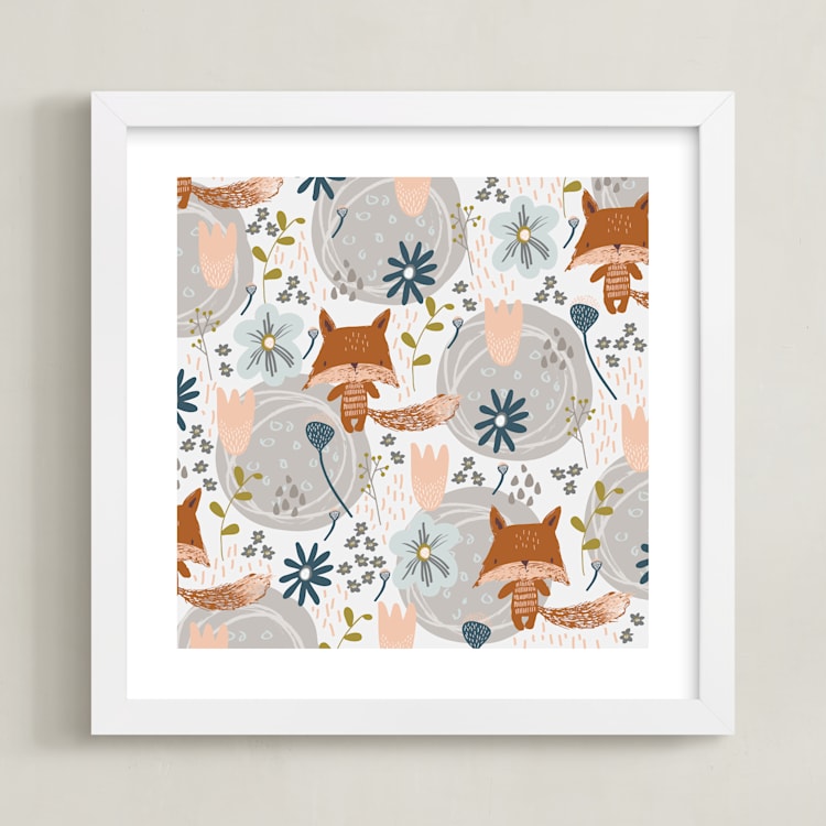 "Fox + Flowers" - Art Print in Chesnut Brown by Coit Creative - Framed