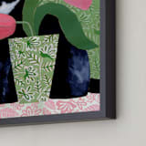 "Tuxedo Cat Barry with Pink Tulips" - Art Print in Dusty Green by Susan Black - Frame Close-up