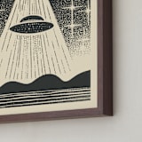 "UFO Encounters: Nostalgic Retro Woodcut" - Art Print in Galactic Gray by Roseanne Kenny - Frame Close-up