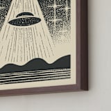 "UFO Encounters: Nostalgic Retro Woodcut" - Art Print in Galactic Gray by Roseanne Kenny - Frame Close-up