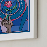 "Disney's Beauty And The Beast Stained Glass" - Personalized Art Print in Blue by Katharine Watson - Frame Close-up