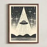 "UFO Encounters: Nostalgic Retro Woodcut" - Art Print in Galactic Gray by Roseanne Kenny - Framed
