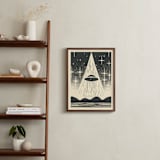 "UFO Encounters: Nostalgic Retro Woodcut" - Art Print in Galactic Gray by Roseanne Kenny - In a Room
