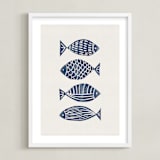 "Linocut Fishes" - Art Print in Navy Blue by Alisa Galitsyna - Framed