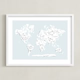 "Beautiful World Map" - Art Print in Soft Sky by Jessie Steury - Framed