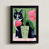 "Tuxedo Cat Barry with Pink Tulips" - Art Print in Dusty Green by Susan Black - Framed