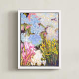 "Hydrangeas at the Market" - Art Print in Lavender Blue by Jacquelyn Sloane Siklos - Framed Canvas