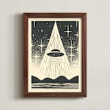 "UFO Encounters: Nostalgic Retro Woodcut" - Art Print in Galactic Gray by Roseanne Kenny - Framed