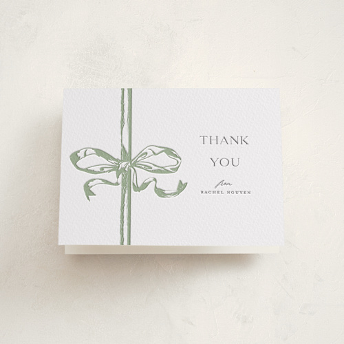 This is a olive baby shower thank you cards with letterpress by Teju Reval called big bow printing on coventry320 in standard