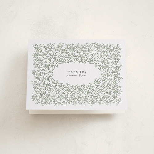 This is a lovely leaves baby shower thank you cards with letterpress by Jessie Steury called lovely leaves printing on coventry320 in standard