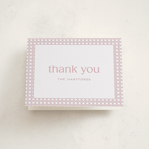 This is a peony baby shower thank you cards with letterpress by Ellen Schlegelmilch called delicate rattan printing on coventry320 in standard