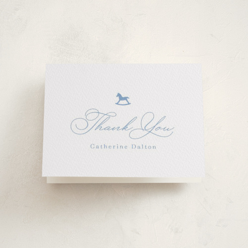This is a sky blue baby shower thank you cards with letterpress by Olivia Raufman called gingham rockinghorse printing on coventry320 in standard