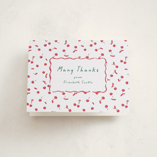 This is a scarlet baby shower thank you cards with letterpress by Erin German called cherry sweet printing on coventry320 in standard
