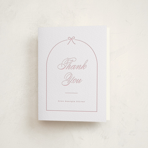 This is a arching bow baby shower thank you cards with letterpress by Carolyn MacLaren called arching bow printing on coventry320 in standard
