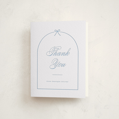 This is a arching bow baby shower thank you cards with letterpress by Carolyn MacLaren called arching bow printing on coventry320 in standard