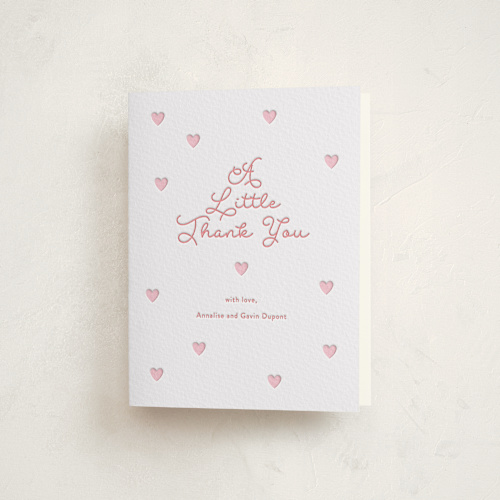 This is a classic pink baby shower thank you cards with letterpress by Angela Garrick called little sweetheart printing on coventry320 in standard