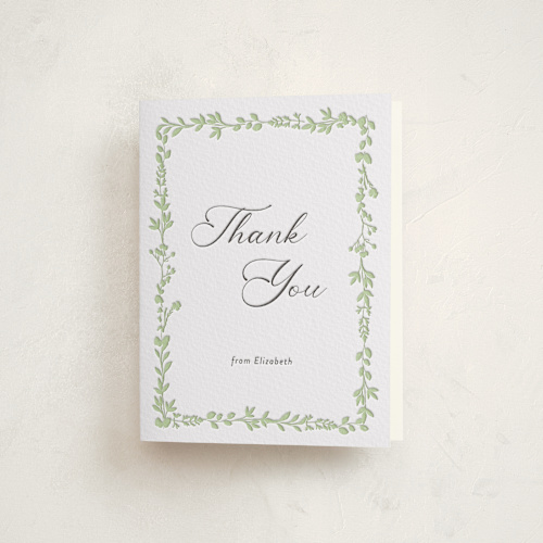 This is a tea green baby shower thank you cards with letterpress by Susan Moyal called flower garden printing on coventry320 in standard