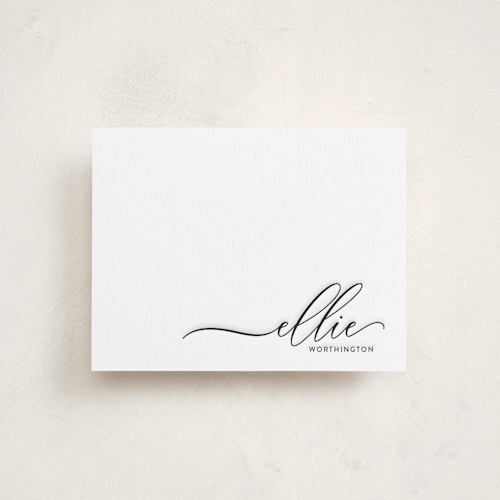 This is a soft black personalized stationery thank you cards with letterpress by Lori Wemple called pretty script printing on coventry320 in standard