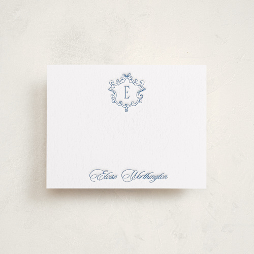This is a provincial blue personalized stationery thank you cards with letterpress by Creo Study called classic crest printing on coventry320 in standard