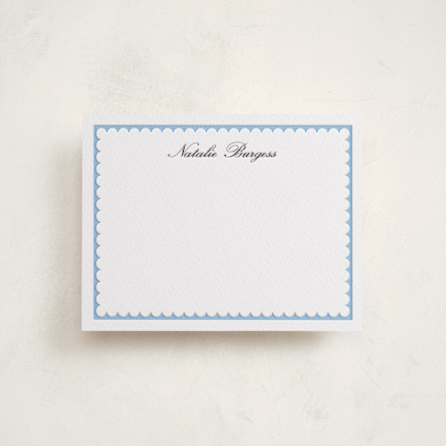 This is a robin's egg personalized stationery thank you cards with letterpress by Catherine Culvenor called sweetly scalloped printing on white cotton in standard
