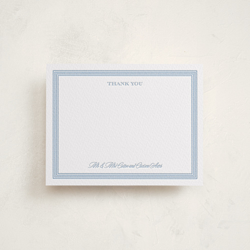 This is a sky blue personalized stationery thank you cards with letterpress by Jenna Holcomb called grosgrain border printing on coventry320 in standard