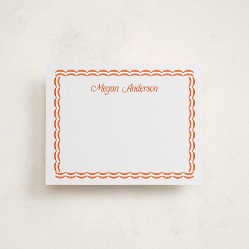 This is a neon orange personalized stationery thank you cards with letterpress by Cass Loh called curve border printing on coventry320 in standard